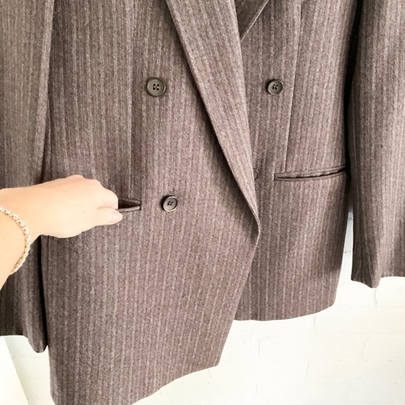 Vintage Men’s Blazer Pinstripe Double breast Taupe Brown Pointed collar Sz S - Picture 7 of 15